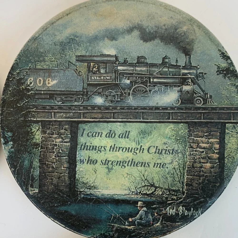 Coasters For‎ Drink Ceramic Ted Blaylock Set of 4 Steam Train Art & Bible Verses